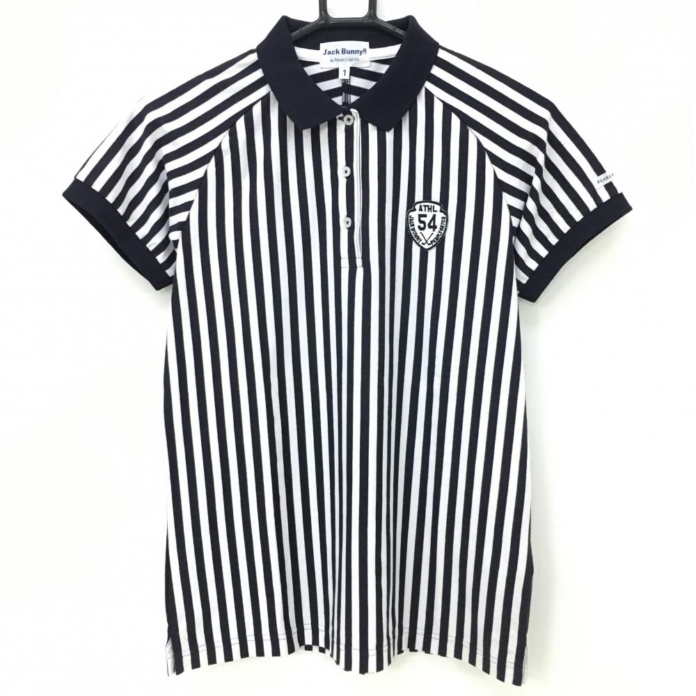【超美品】ジャックバニー 半袖ポロシャツ ダークネイビー×白 ストライプ レディース 1(M) ゴルフウェア Jack Bunny