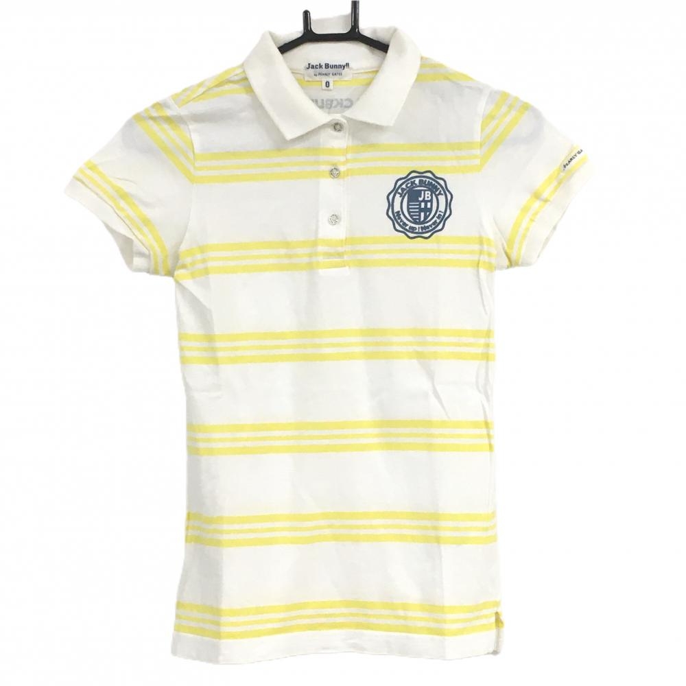 【美品】ジャックバニー 半袖ポロシャツ 白×イエロー ボーダー 胸元ロゴ レディース 0(S) ゴルフウェア Jack Bunny