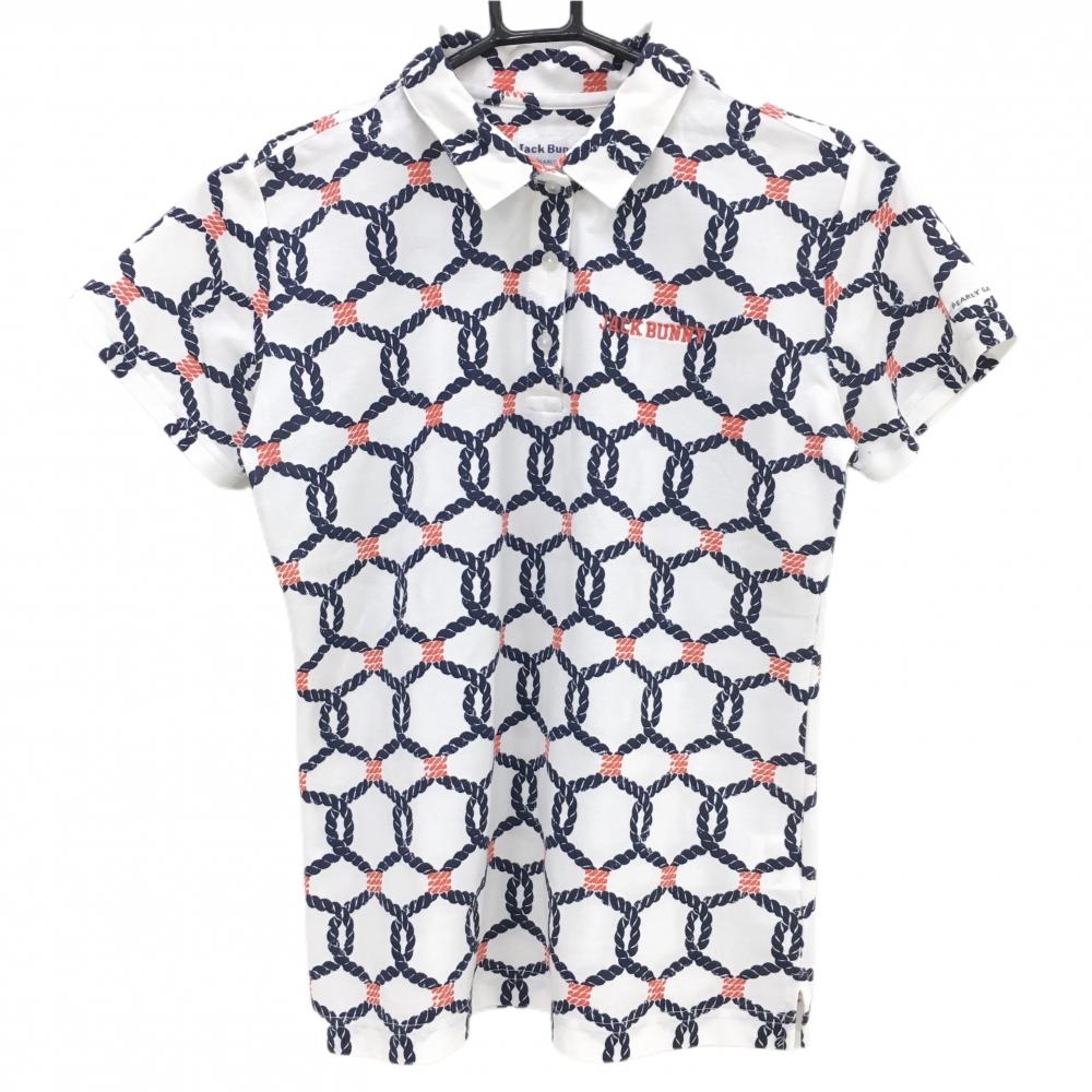 【美品】ジャックバニー 半袖ポロシャツ 白×ネイビー ロープ柄 レディース 1(M) ゴルフウェア Jack Bunny
