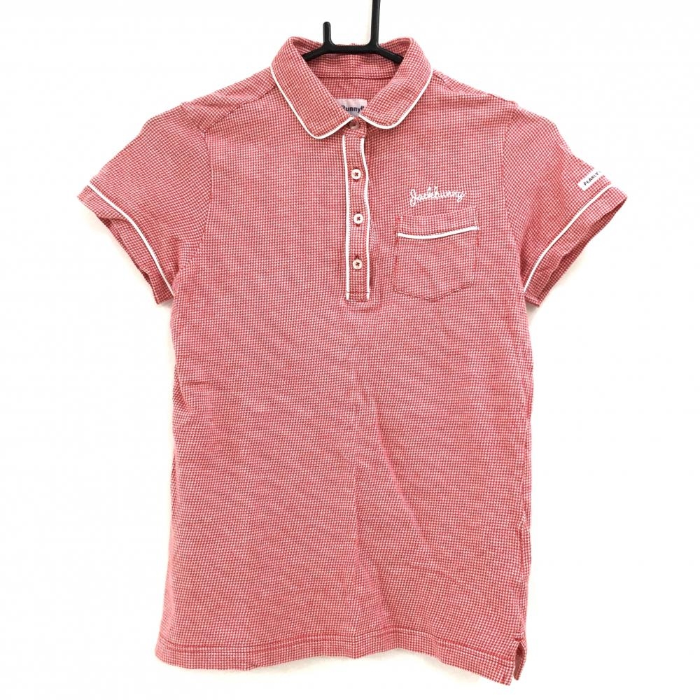 【美品】ジャックバニー 半袖ポロシャツ レッド×白 千鳥格子 パイピング 胸ポケット レディース 1(M) ゴルフウェア Jack Bunny