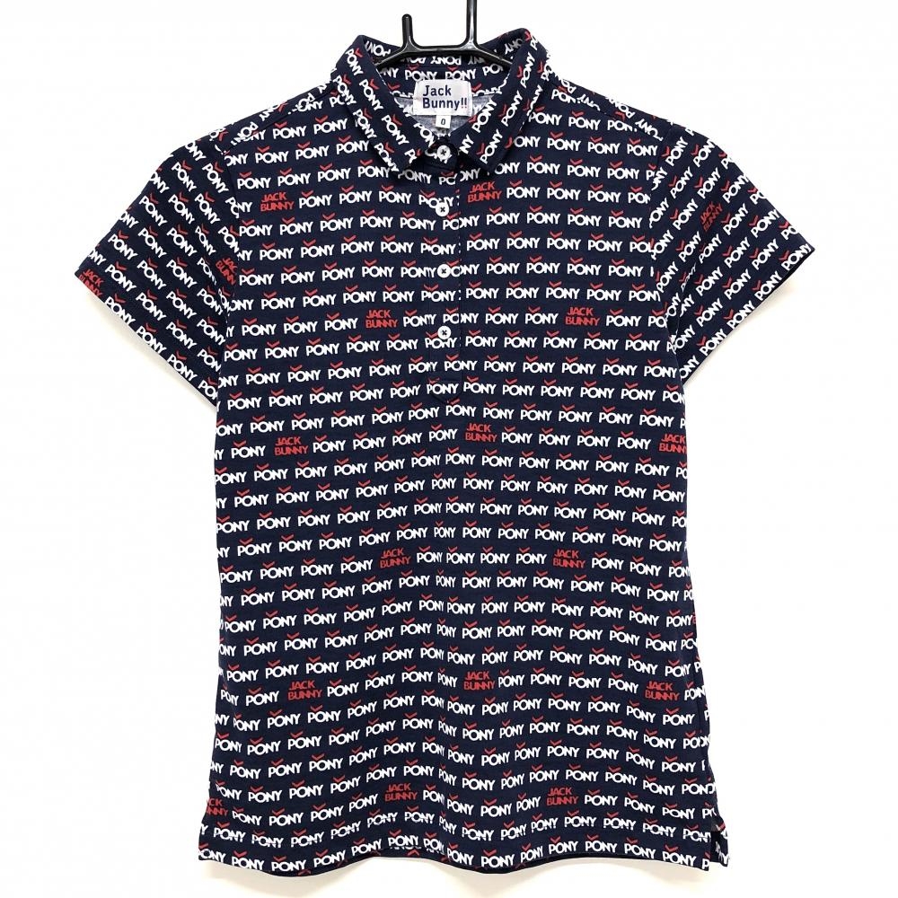 【超美品】ジャックバニー 半袖ポロシャツ ネイビー×白 英字総柄 レディース 0(S) ゴルフウェア Jack Bunny