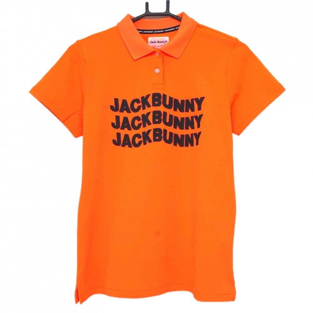 【美品】ジャックバニー 半袖ポロシャツ ネオンオレンジ×黒 フロントロゴプリント レディース 2(L) ゴルフウェア Jack Bunny