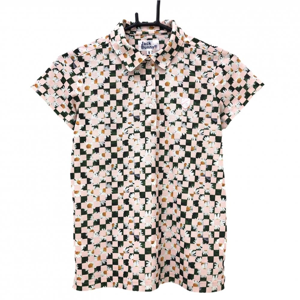 【超美品】ジャックバニー 半袖ポロシャツ ピンク×グリーン ブロックチェック 花柄 レディース 0(S) ゴルフウェア Jack Bunny