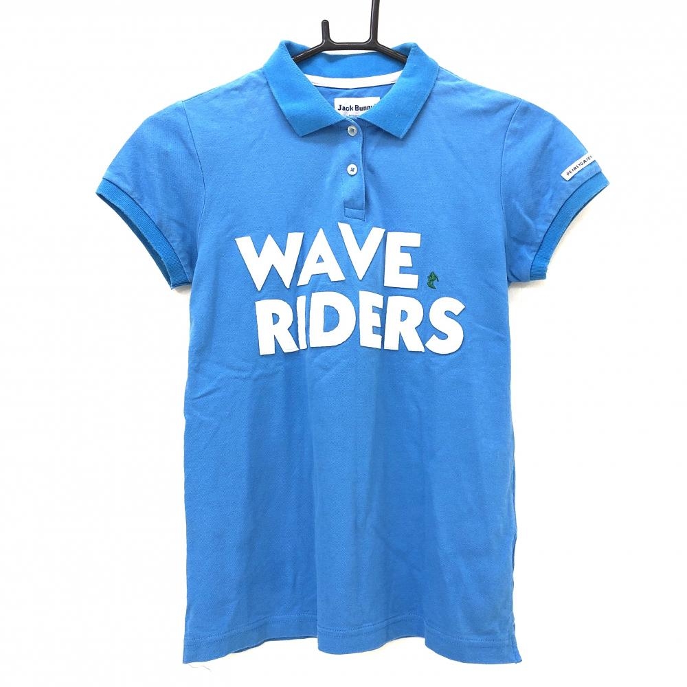 ジャックバニー 半袖ポロシャツ ライトブルー×白 コットン100％ フェルトワッペン レディース 0(S) ゴルフウェア Jack Bunny