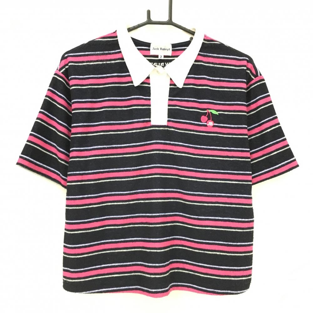 ジャックバニー 半袖ポロシャツ ネイビー×ピンク ボーダー パイル地 レディース 2(L) ゴルフウェア 2025年モデル Jack Bunny