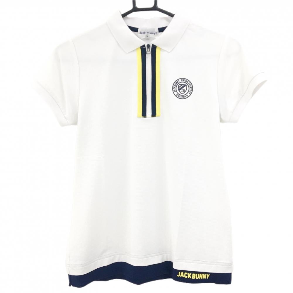 【美品】ジャックバニー 半袖ポロシャツ 白×イエロー 裾切替 ハーフジップ レディース 1(M) ゴルフウェア Jack Bunny