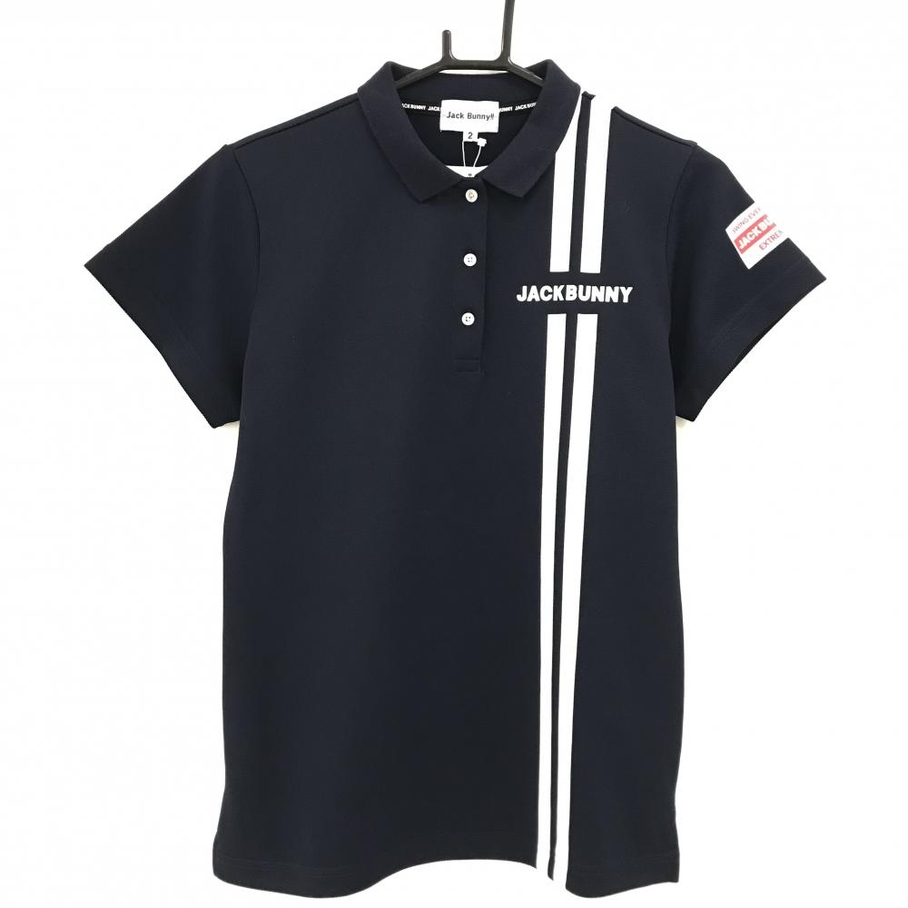 【新品】ジャックバニー 半袖ポロシャツ ネイビー×白 ロゴプリント 吸汗速乾  レディース 2(L) ゴルフウェア Jack Bunny