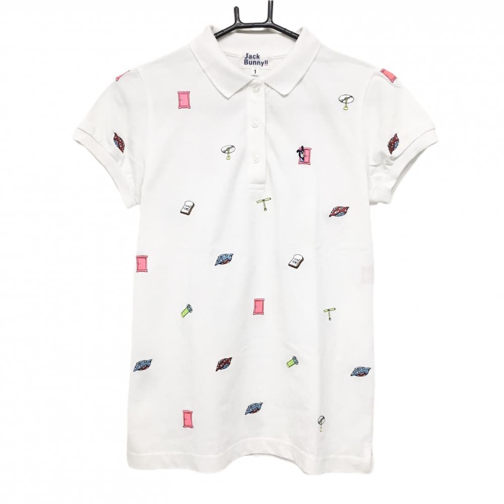 【美品】ジャックバニー×ドラえもん 半袖ポロシャツ 白×マルチカラー 刺しゅう総柄 レディース 1(M) ゴルフウェア Jack Bunny
