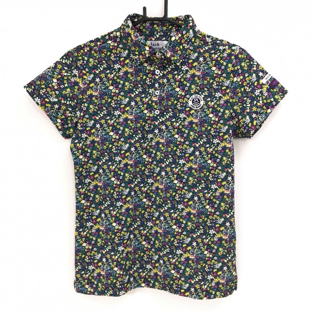 【超美品】ジャックバニー 半袖ポロシャツ ネイビー×イエロー 花柄 レディース 1(M) ゴルフウェア Jack Bunny