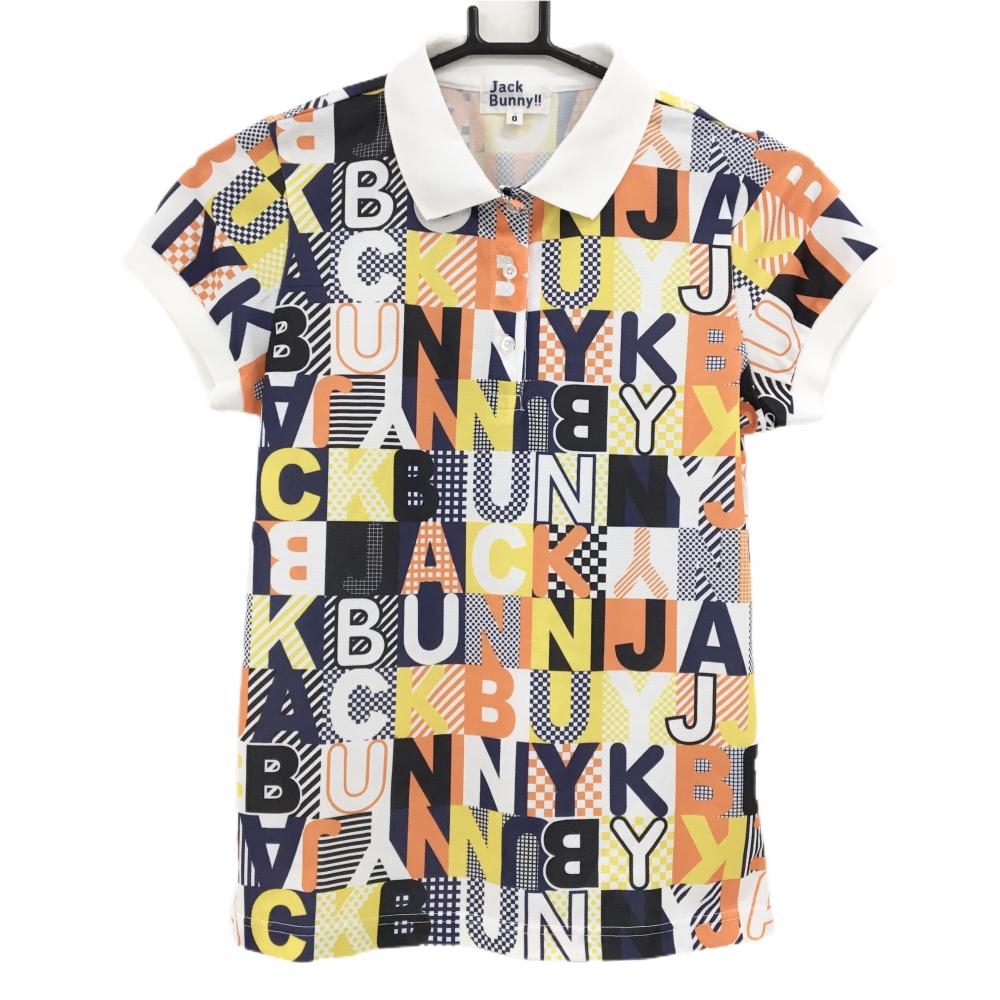 【超美品】ジャックバニー 半袖ポロシャツ 白×ネイビー ロゴ総柄 レディース 0(S) ゴルフウェア Jack Bunny