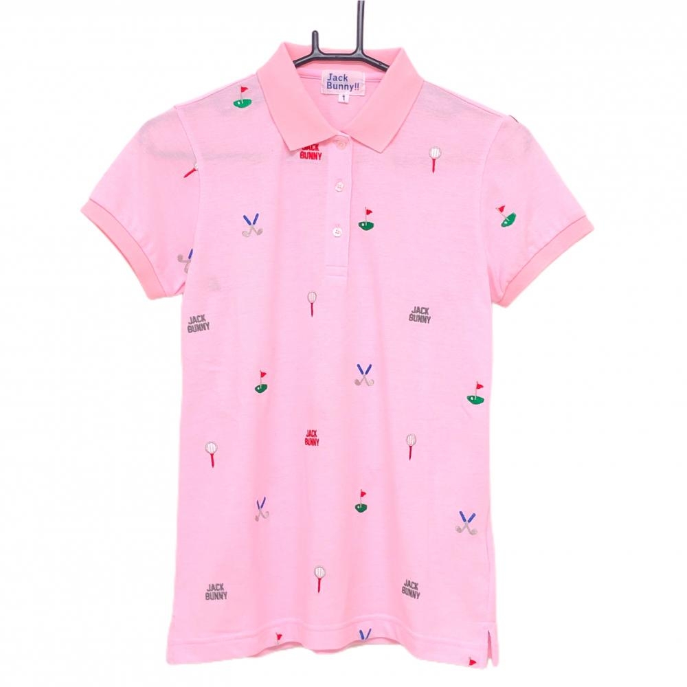 【未使用品】ジャックバニー 半袖ポロシャツ ピンク 刺しゅう総柄 レディース 1(M) ゴルフウェア Jack Bunny