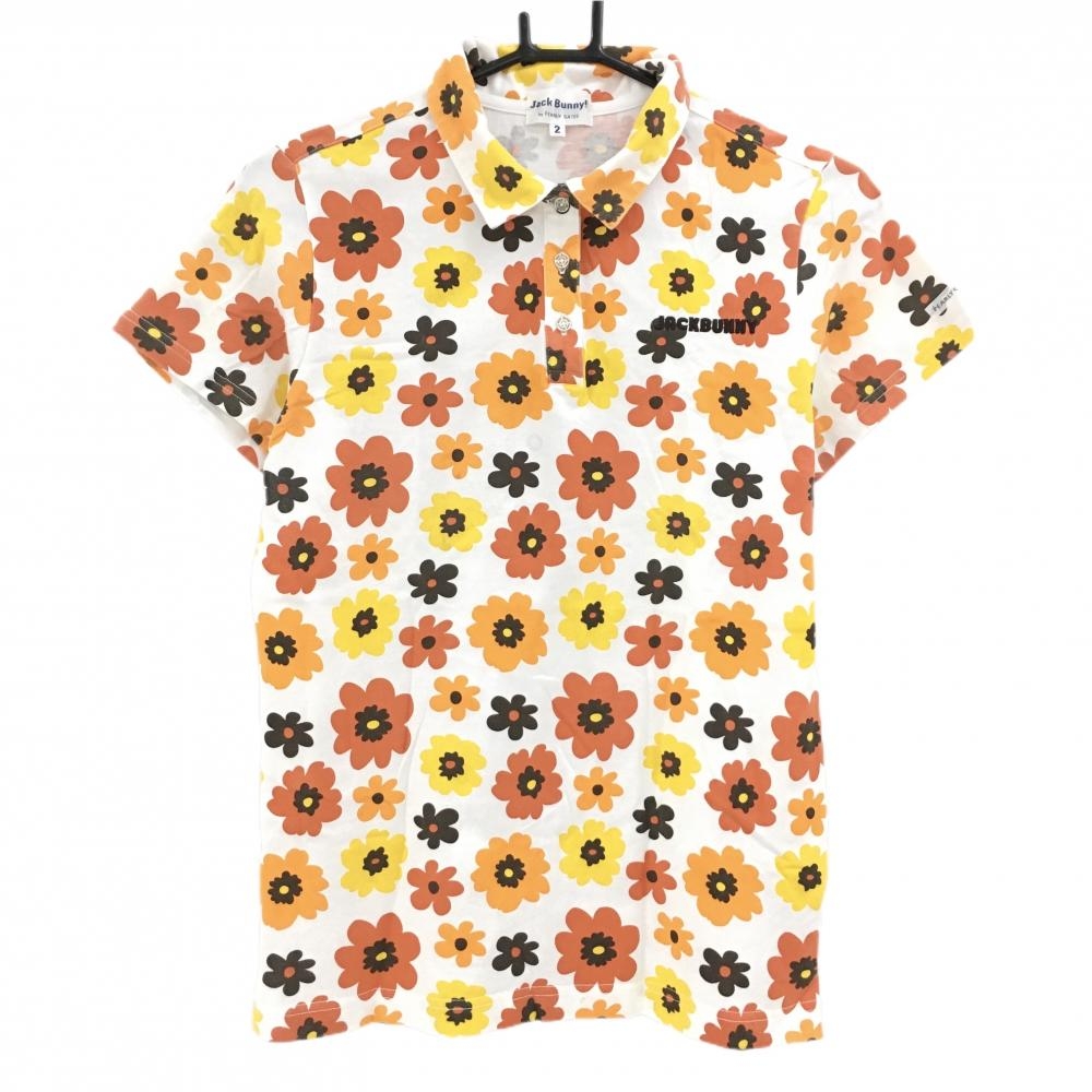 ジャックバニー 半袖ポロシャツ 白×オレンジ 花柄 ロゴ刺しゅう  レディース 2(L) ゴルフウェア Jack Bunny