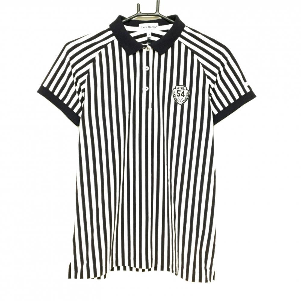 【美品】ジャックバニー 半袖ポロシャツ 白×ダークネイビー ストライプ コットン混 ワッペン  レディース 2(L) ゴルフウェア Jack Bunny