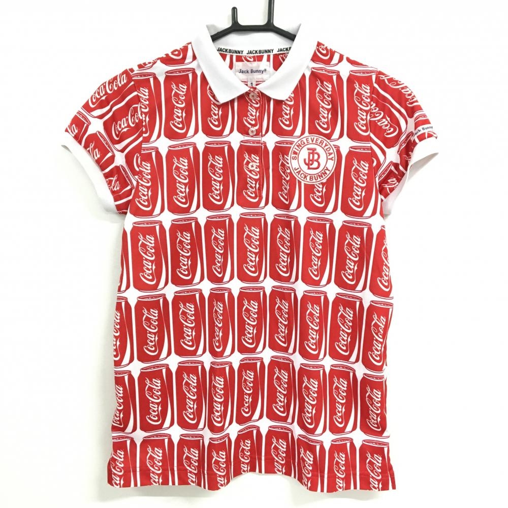 ジャックバニー×コカ・コーラ 半袖ポロシャツ 白×レッド コカコーラ総柄 レディース 1(M) ゴルフウェア Jack Bunny