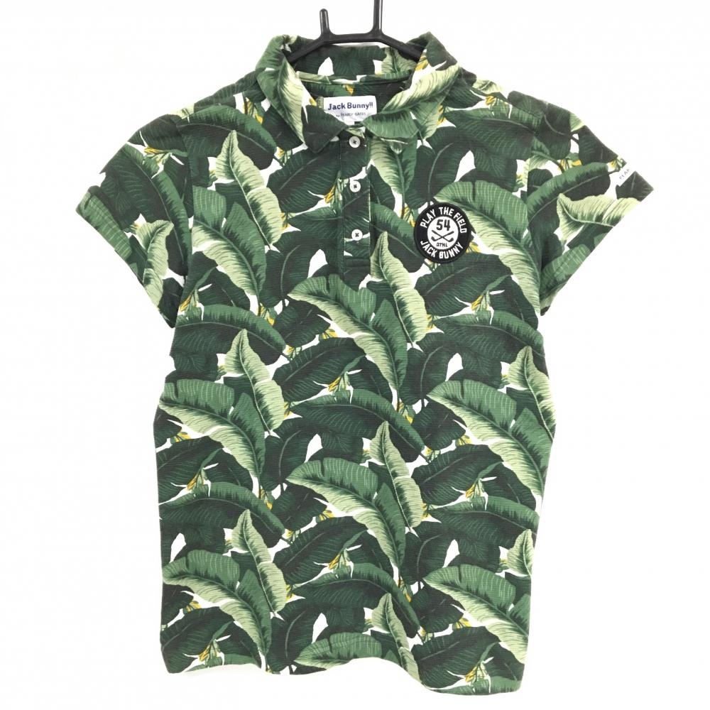 ジャックバニー 半袖ポロシャツ グリーン×白 リーフ柄 ロゴワッペン レディース 1(M) ゴルフウェア Jack Bunny