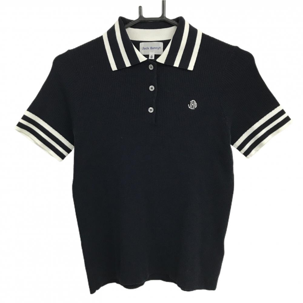 【超美品】ジャックバニー 半袖ニットポロシャツ 黒×白 襟ボーダー レディース 0(S) ゴルフウェア 2025年モデル Jack Bunny