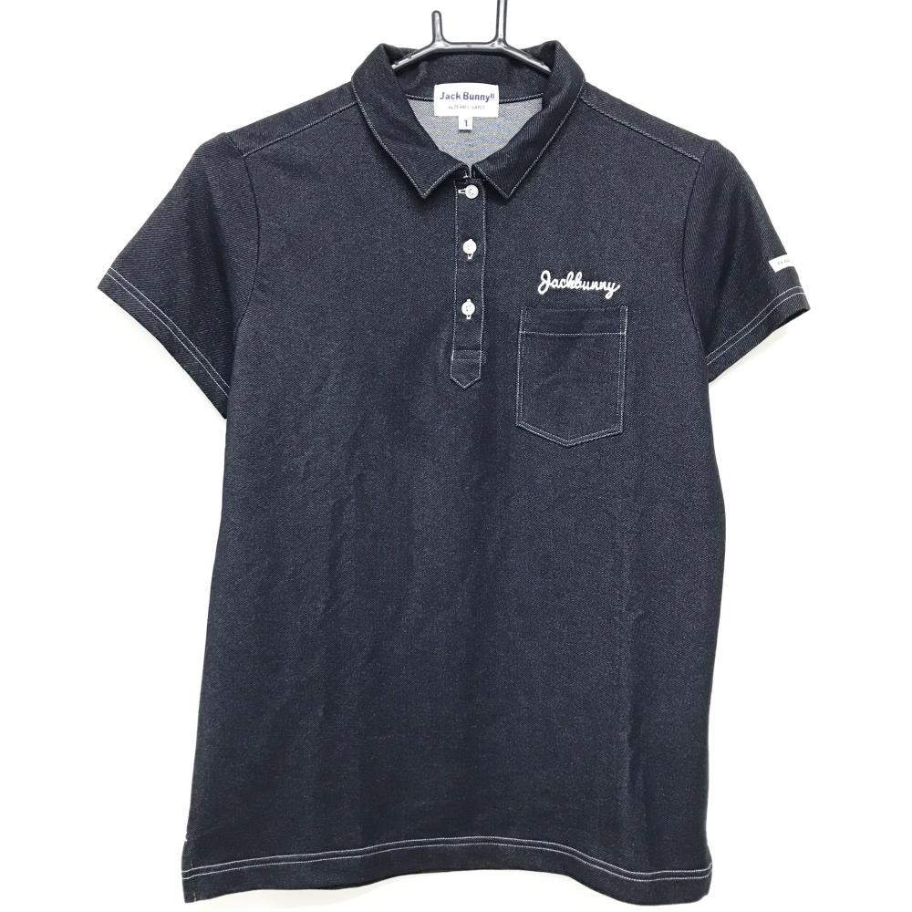 【超美品】ジャックバニー 半袖ポロシャツ ネイビー ロゴ白 胸ポケット レディース 1(M) ゴルフウェア Jack Bunny