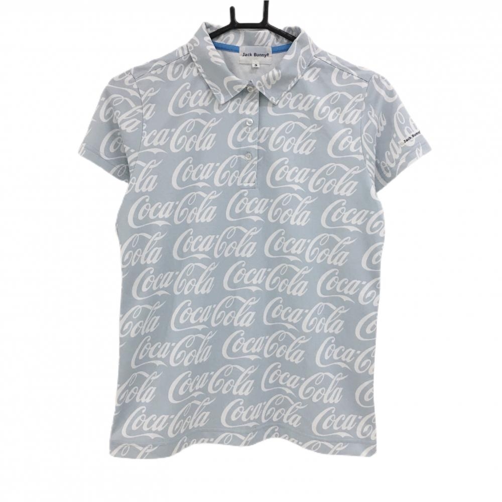 【美品】ジャックバニー×コカ・コーラ 半袖ポロシャツ ライトブルー×白 コカコーラ総柄  レディース 2(L) ゴルフウェア Jack Bunny