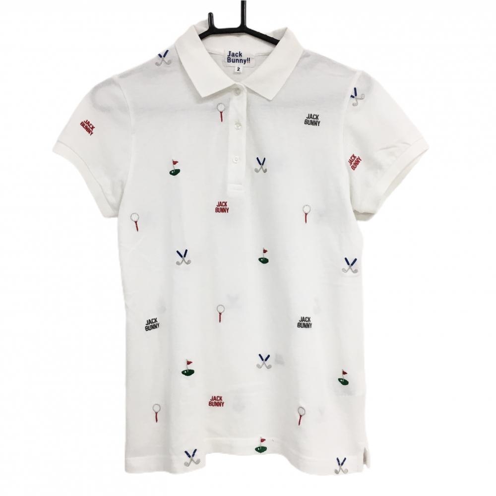 【美品】ジャックバニー 半袖ポロシャツ 白×レッド 刺しゅう総柄  レディース 2(L) ゴルフウェア Jack Bunny