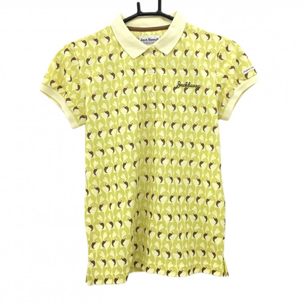【美品】ジャックバニー 半袖ポロシャツ ライトイエロー×イエロー系 鳥総柄  レディース 0(S) ゴルフウェア Jack Bunny