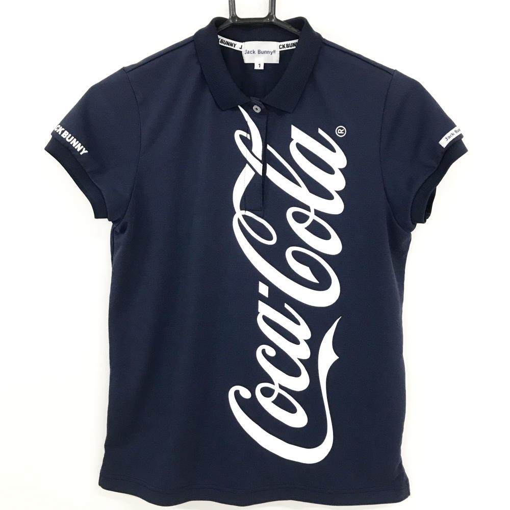 【超美品】ジャックバニー×コカ・コーラ 半袖ポロシャツ ネイビー×白 ビッグプリント レディース 1(M) ゴルフウェア Jack Bunny