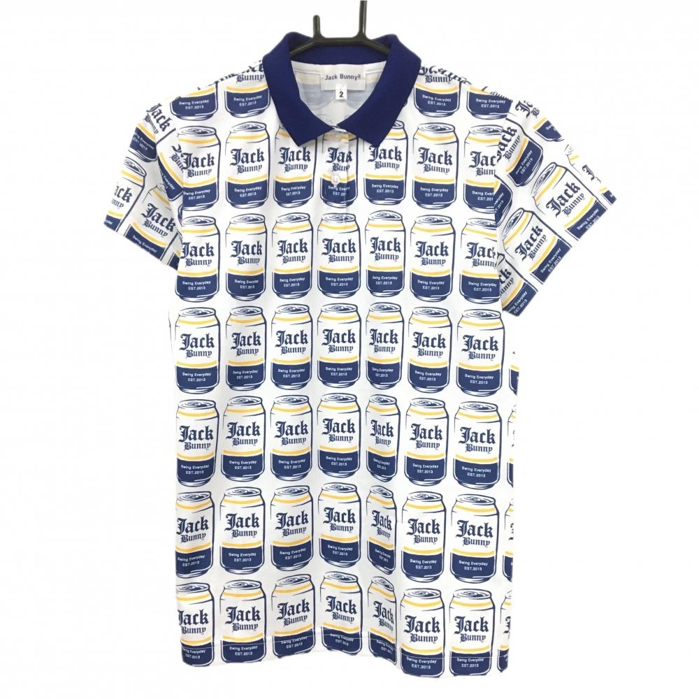 【超美品】ジャックバニー 半袖ポロシャツ 白×ネイビー 缶総柄 レディース 2(L) ゴルフウェア 2025年モデル Jack Bunny