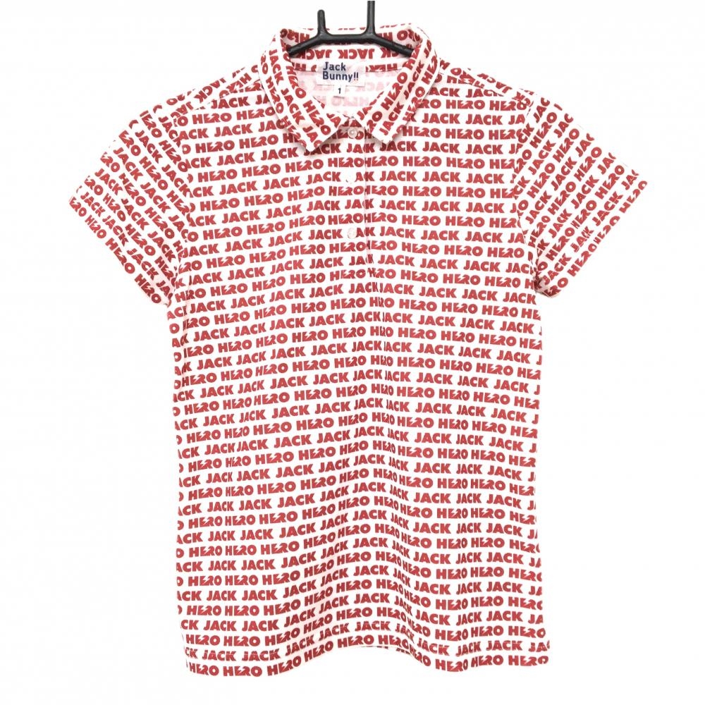 【美品】ジャックバニー 半袖ポロシャツ 白×レッド 英字総柄 レディース 1(M) ゴルフウェア Jack Bunny