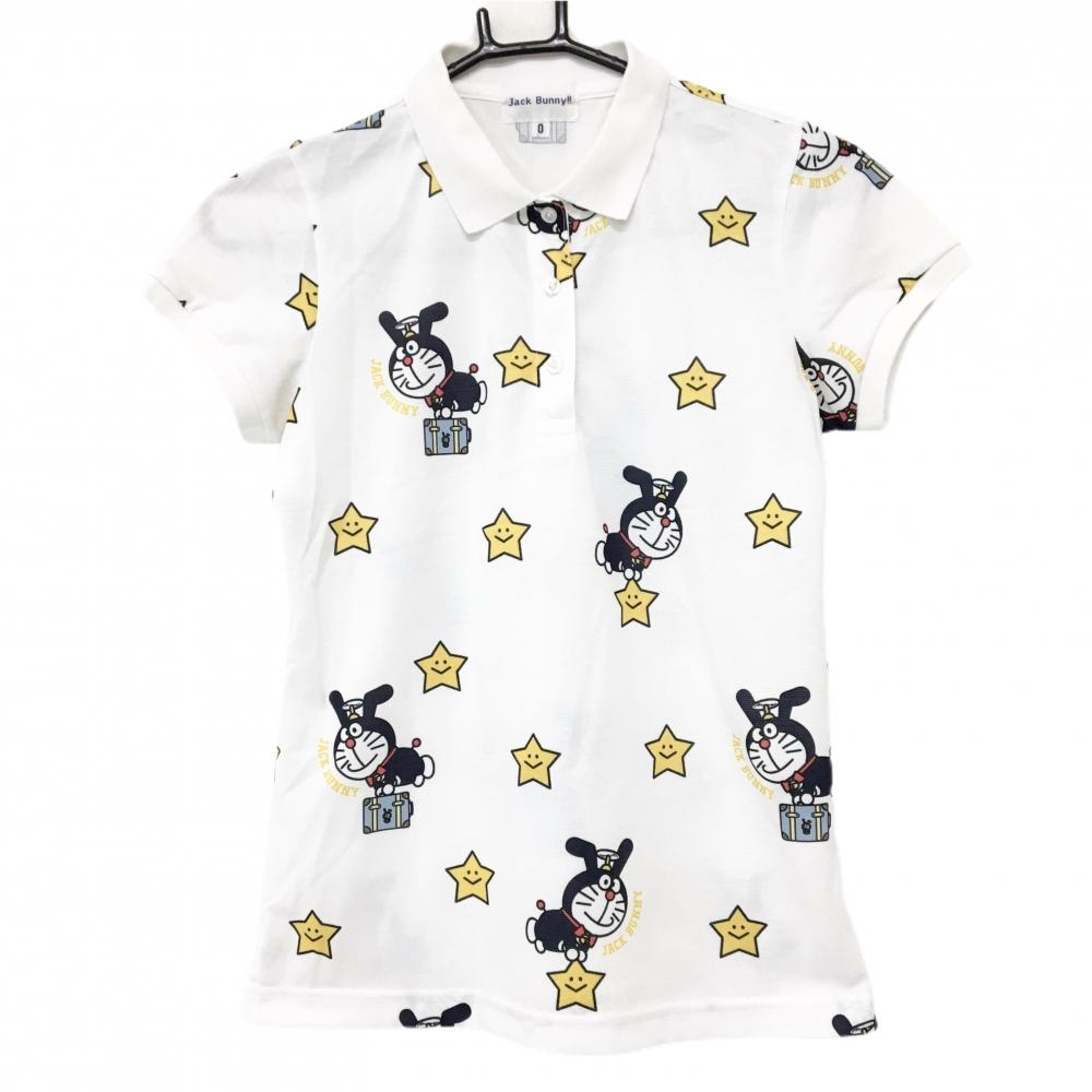ジャックバニー×ドラえもん 半袖ポロシャツ 白×イエロー 総柄 うさ耳ドラえもん 星 レディース 0(S) ゴルフウェア Jack Bunny