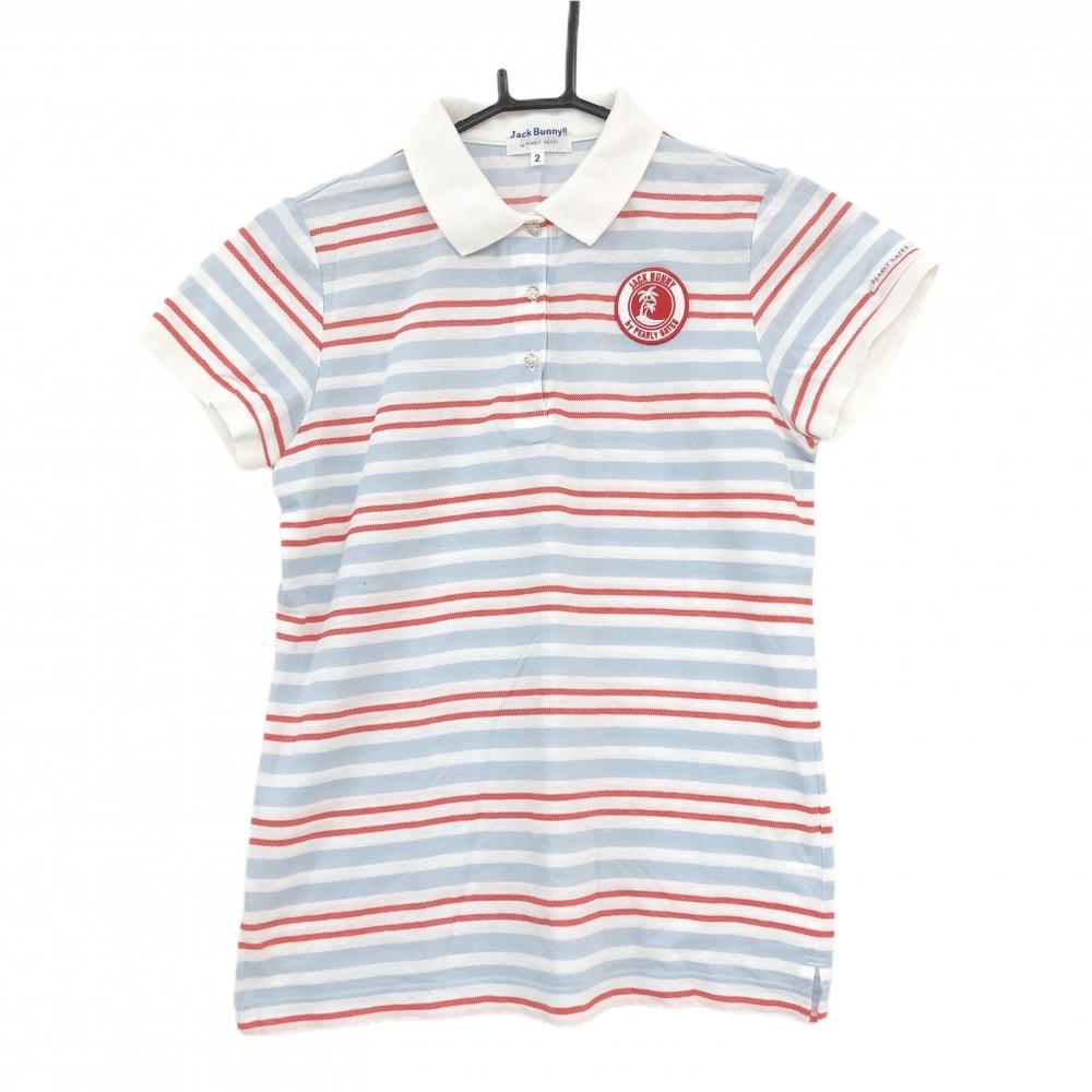 【美品】ジャックバニー 半袖ポロシャツ 白×レッド ボーダー ロゴワッペン レディース 2(L) ゴルフウェア Jack Bunny