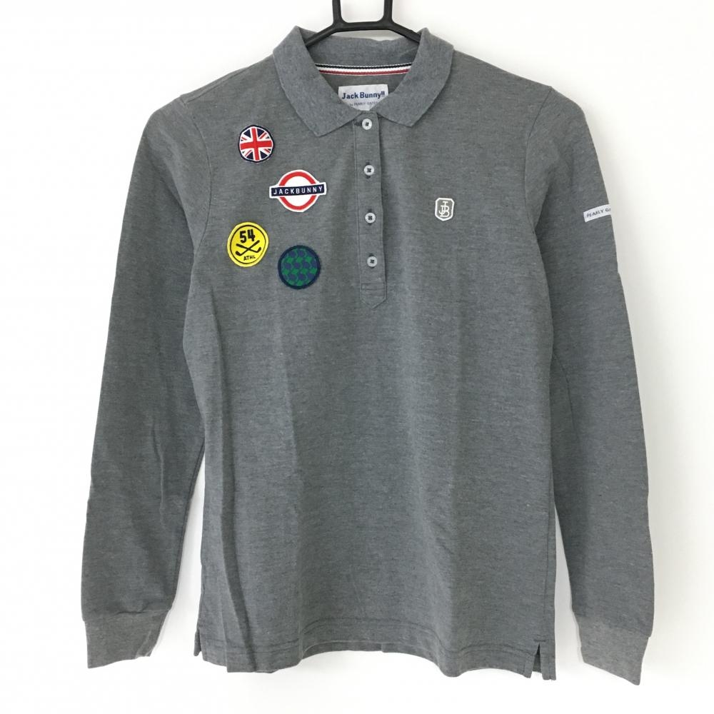 【超美品】ジャックバニー 長袖ポロシャツ グレー 複数ワッペン コットン混 レディース 1(M) ゴルフウェア Jack Bunny