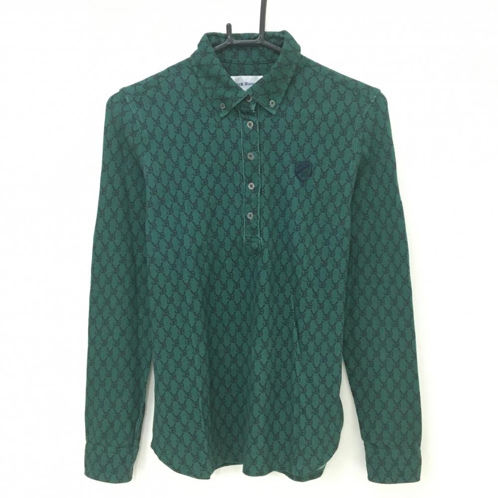 ジャックバニー 長袖ポロシャツ グリーン×ネイビー ロゴ総柄 ボタンダウン ストレッチ  レディース 1(M) ゴルフウェア Jack Bunny