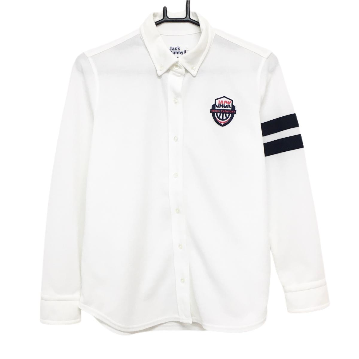 【美品】ジャックバニー 長袖シャツ 白×ネイビー 胸元ワッペン 袖2ライン レディース 2(L) ゴルフウェア Jack Bunny