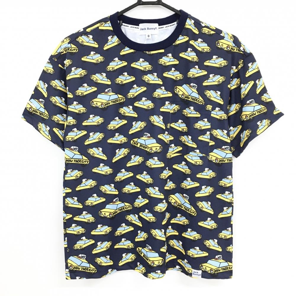 【新品】ジャックバニー Tシャツ ネイビー×イエロー タクシー総柄 吸水速乾 PETER MARCO レディース 0(S) ゴルフウェア Jack Bunny