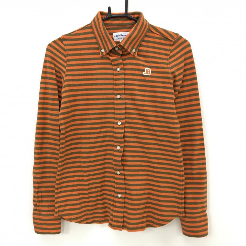 ジャックバニー 長袖シャツ オレンジ×カーキ ボーダー ボタンダウン レディース 0(S) ゴルフウェア Jack Bunny
