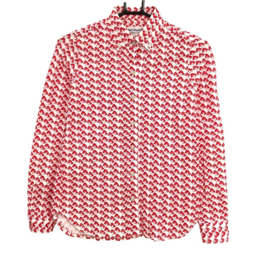 ジャックバニー 長袖シャツ 白×レッドピンク系 きのこ総柄 ボタンダウン コットン100％ レディース 0(S) ゴルフウェア Jack Bunny