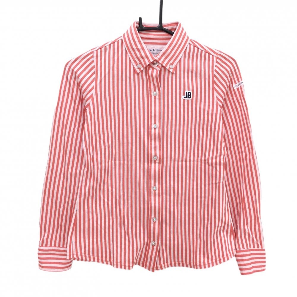 【超美品】ジャックバニー 長袖シャツ サーモンオレンジ系×白 ストライプ ボタンダウン レディース 0(S) ゴルフウェア Jack Bunny