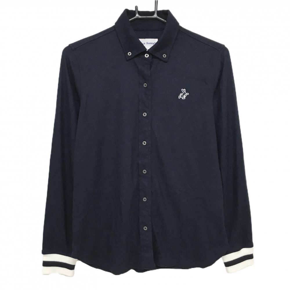 【超美品】ジャックバニー 長袖シャツ ダークネイビー 表微起毛 ボタンダウン 袖口リブ レディース 1(M) ゴルフウェア Jack Bunny