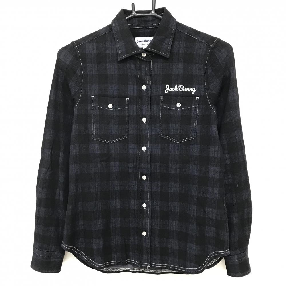 【超美品】ジャックバニー 長袖シャツ ダークネイビー×黒 チェック柄 白ステッチ ロゴ刺しゅう レディース 0(S) ゴルフウェア Jack Bunny