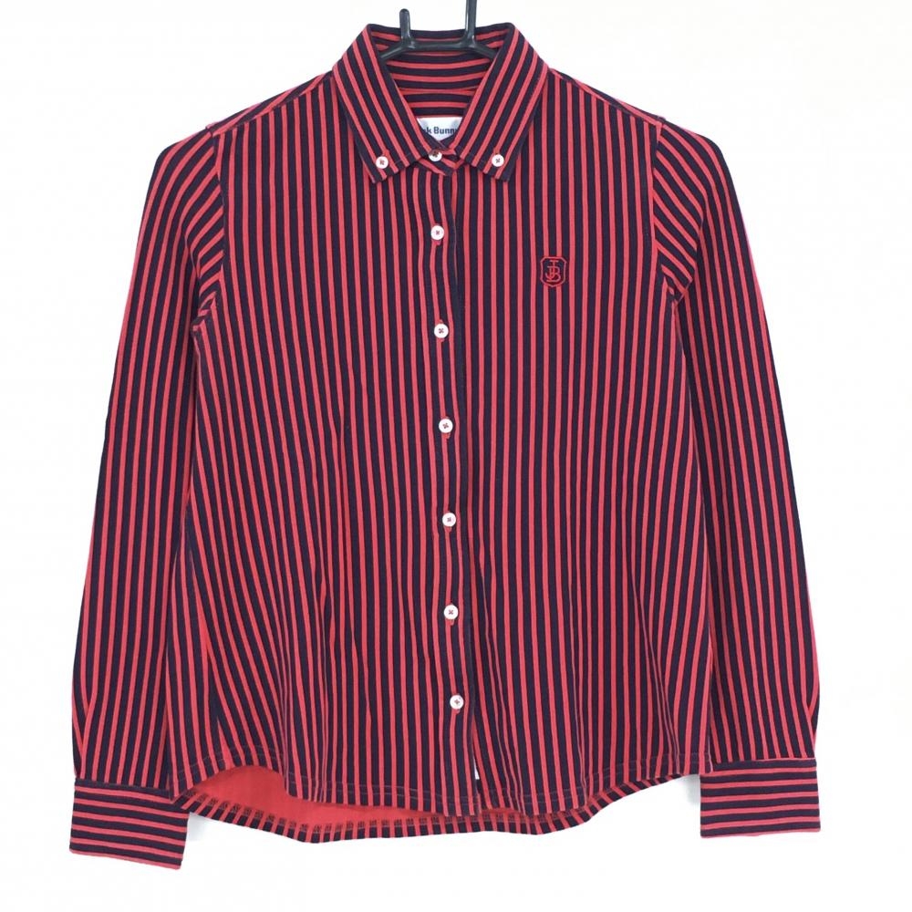 【美品】ジャックバニー 長袖シャツ レッド×黒 ストライプ ボタンダウン ロゴ刺しゅう レディース 0(S) ゴルフウェア Jack Bunny