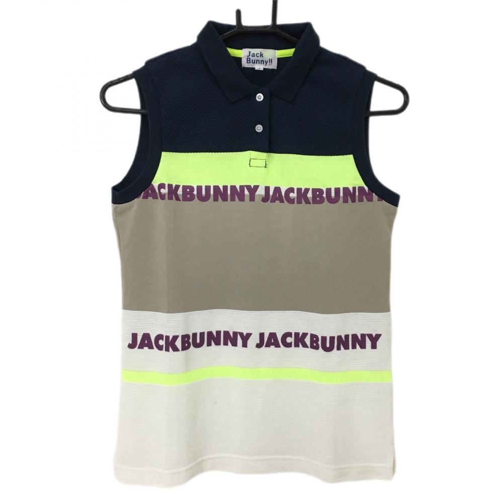 【美品】ジャックバニー ノースリーブポロシャツ ネイビー×ベージュ 一部織生地 ロゴプリント  レディース 1(M) ゴルフウェア Jack Bunny