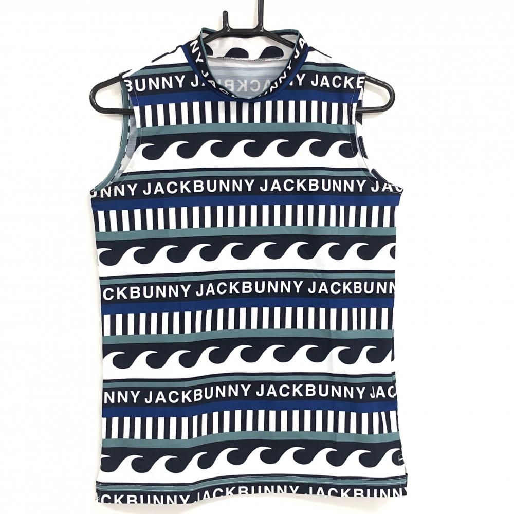 【美品】ジャックバニー ノースリーブハイネックシャツ ネイビー×白×グリーン  レディース 2(L) ゴルフウェア 2024年モデル Jack Bunny