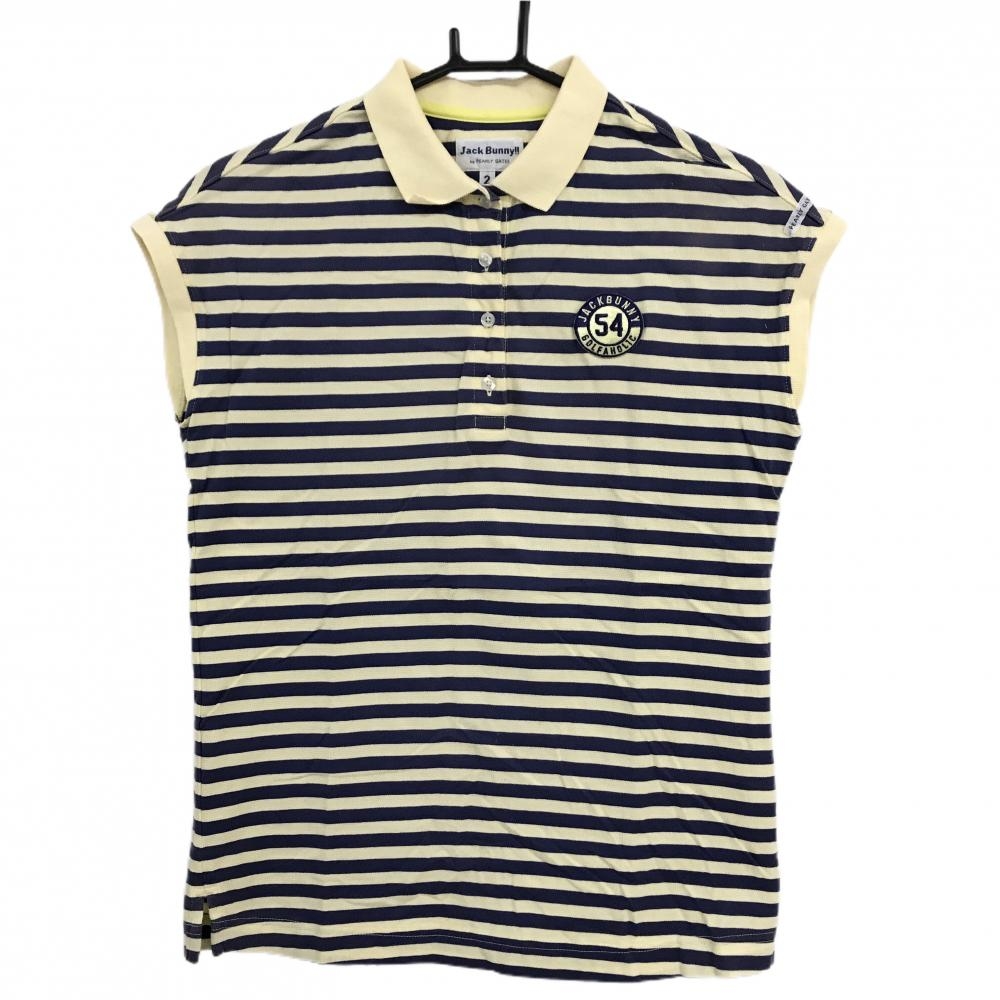 ジャックバニー ノースリーブポロシャツ ライトイエロー×パープル ボーダー 胸ロゴ レディース 2(L) ゴルフウェア Jack Bunny