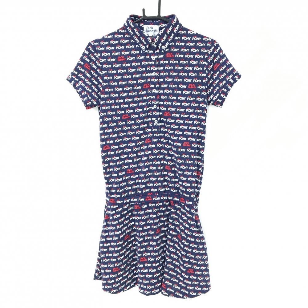 【美品】ジャックバニー 半袖ポロワンピース ネイビー×白 ロゴ総柄 ボタンダウン  レディース 1(M) ゴルフウェア Jack Bunny