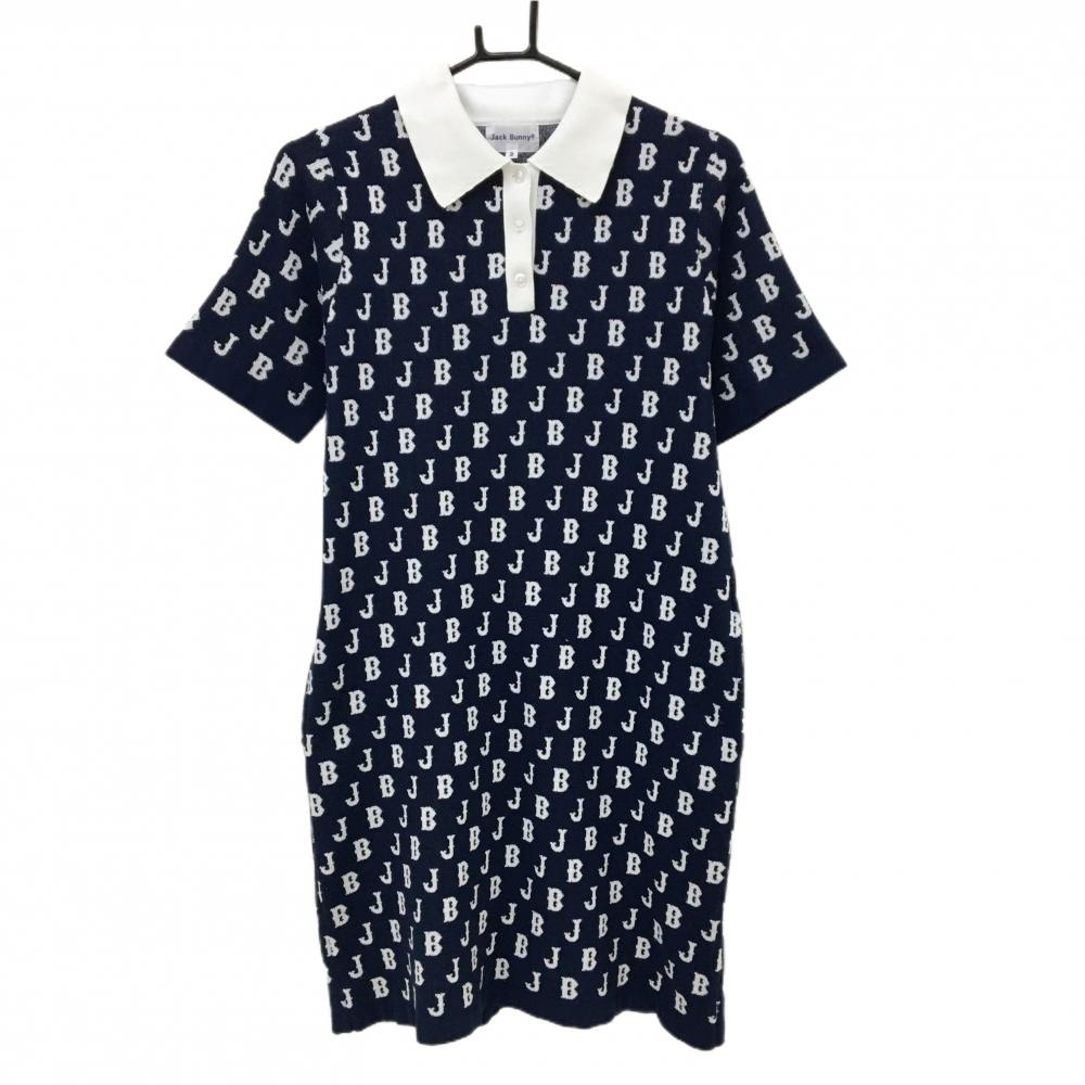 【美品】ジャックバニー 半袖ポロワンピース ネイビー×白 英字総柄 ニット生地  レディース 2(L) ゴルフウェア Jack Bunny