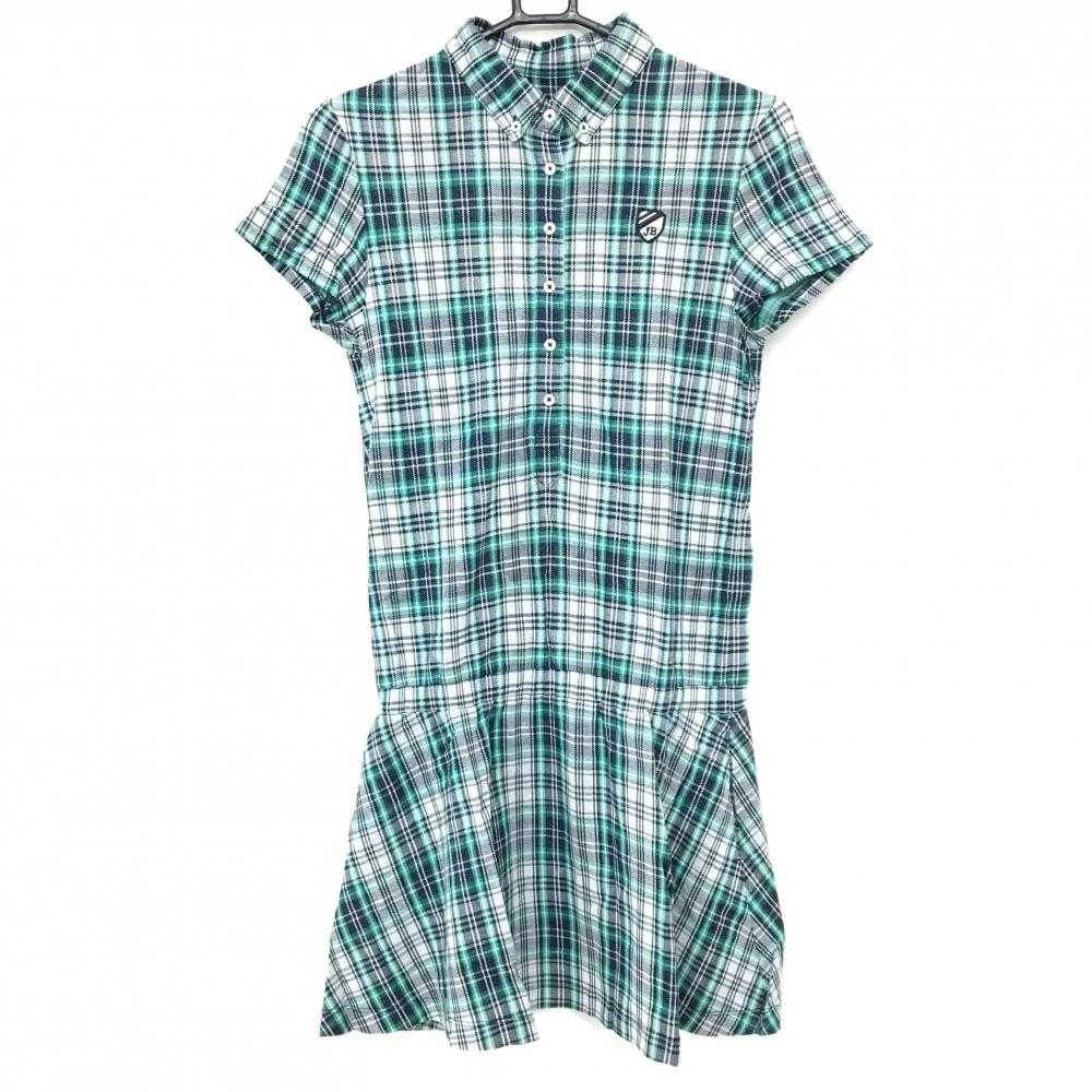 【超美品】ジャックバニー 半袖ポロワンピース ライトグレー×ネイビー×グリーン チェック  レディース 1(M) ゴルフウェア Jack Bunny