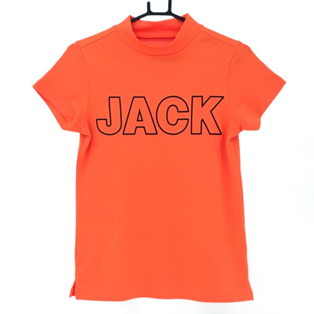 【美品】ジャックバニー 半袖ハイネックシャツ 蛍光オレンジ×黒 ビッグロゴ  レディース 0(S) ゴルフウェア 2022年モデル Jack Bunny