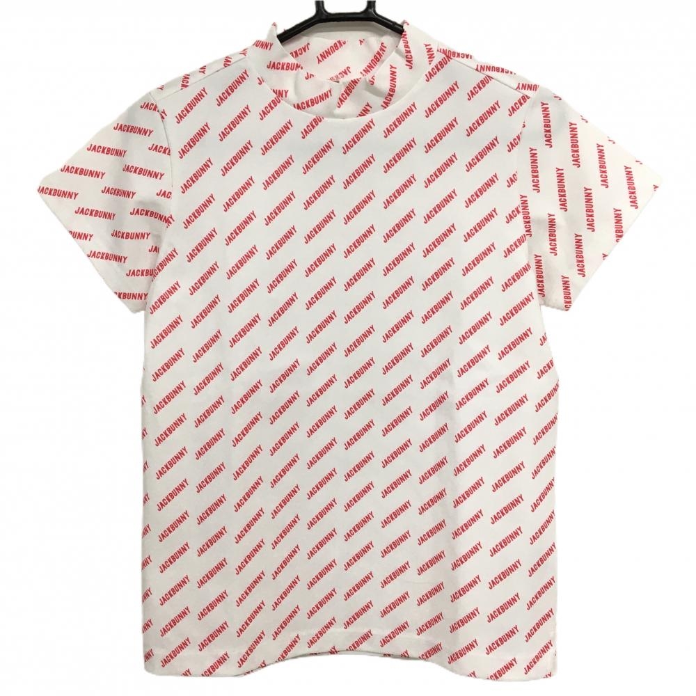 【超美品】ジャックバニー 半袖ハイネックシャツ 白×レッド ロゴ総柄 レディース 1(M) ゴルフウェア 2023年モデル Jack Bunny