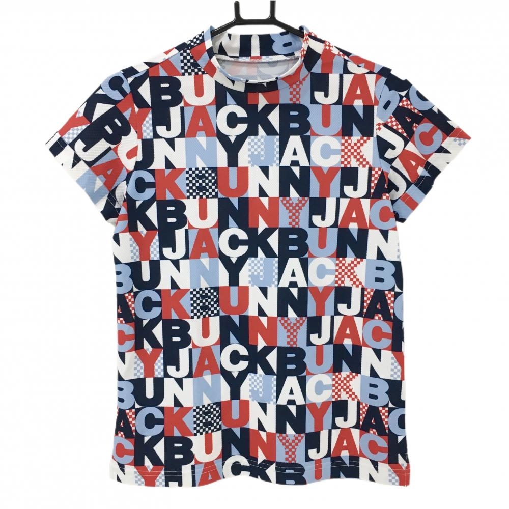 【超美品】ジャックバニー 半袖ハイネックシャツ ネイビー×レッド×ライトブルー  レディース 1(M) ゴルフウェア Jack Bunny