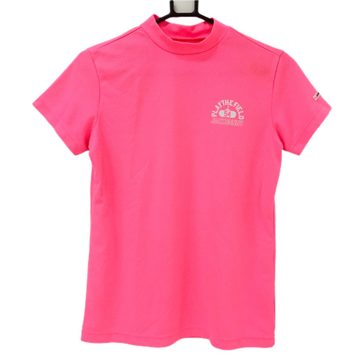 【超美品】ジャックバニー 半袖ハイネックシャツ 蛍光ピンク 織生地 ストレッチ レディース 2(L) ゴルフウェア Jack Bunny