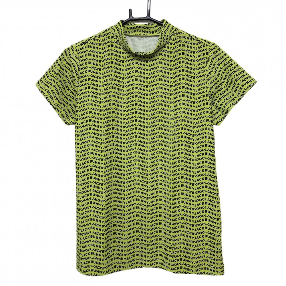 【超美品】ジャックバニー 半袖ハイネックシャツ イエローグリーン×黒 ロゴ総柄  レディース 2(L) ゴルフウェア 2023年モデル Jack Bunny
